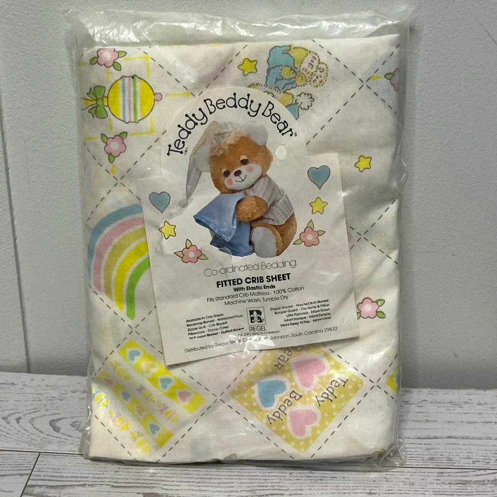 Teddy Beddy Bear Vintage Fitted Crib Sheet 100% Cotton Pastel Rainbow 80s Riegel
